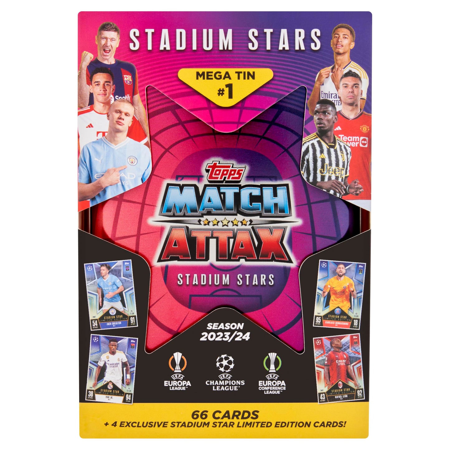 Topps Match Attax 23/24 - Mega Tin 2 - Contains 66 Match Attax Cards Plus 4 Exclusive Stadium Stars Limited Edition Cards - Packaging May Vary