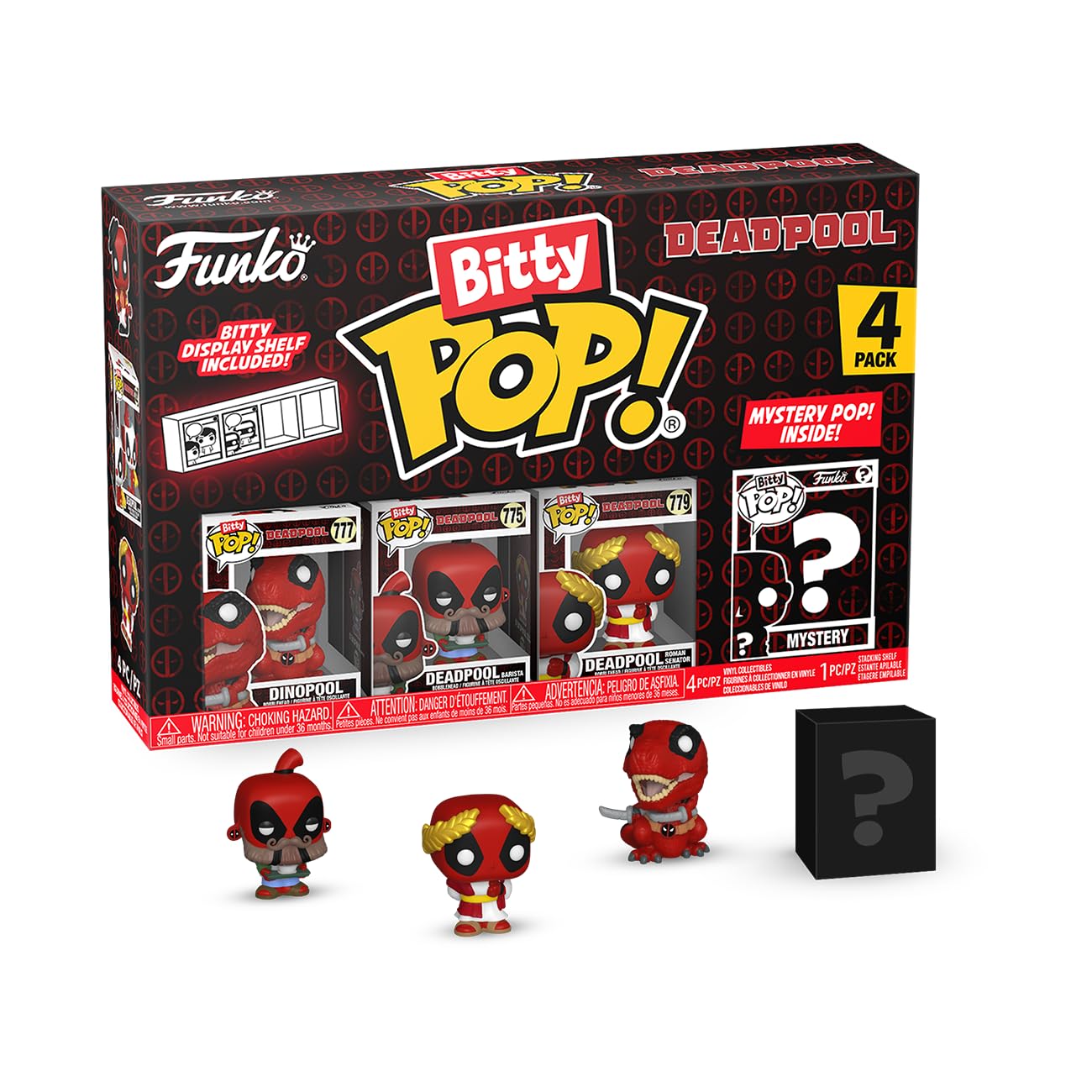 Funko Bitty POP! 4 Pack: Marvel - Deadpool - Dinopool. Barista, Roman Senator, Mystery Mini Figure - Styles may vary - 0.9 inch (2.2 cm) Collectable - Stackable Display Shelf Included - Gift Idea