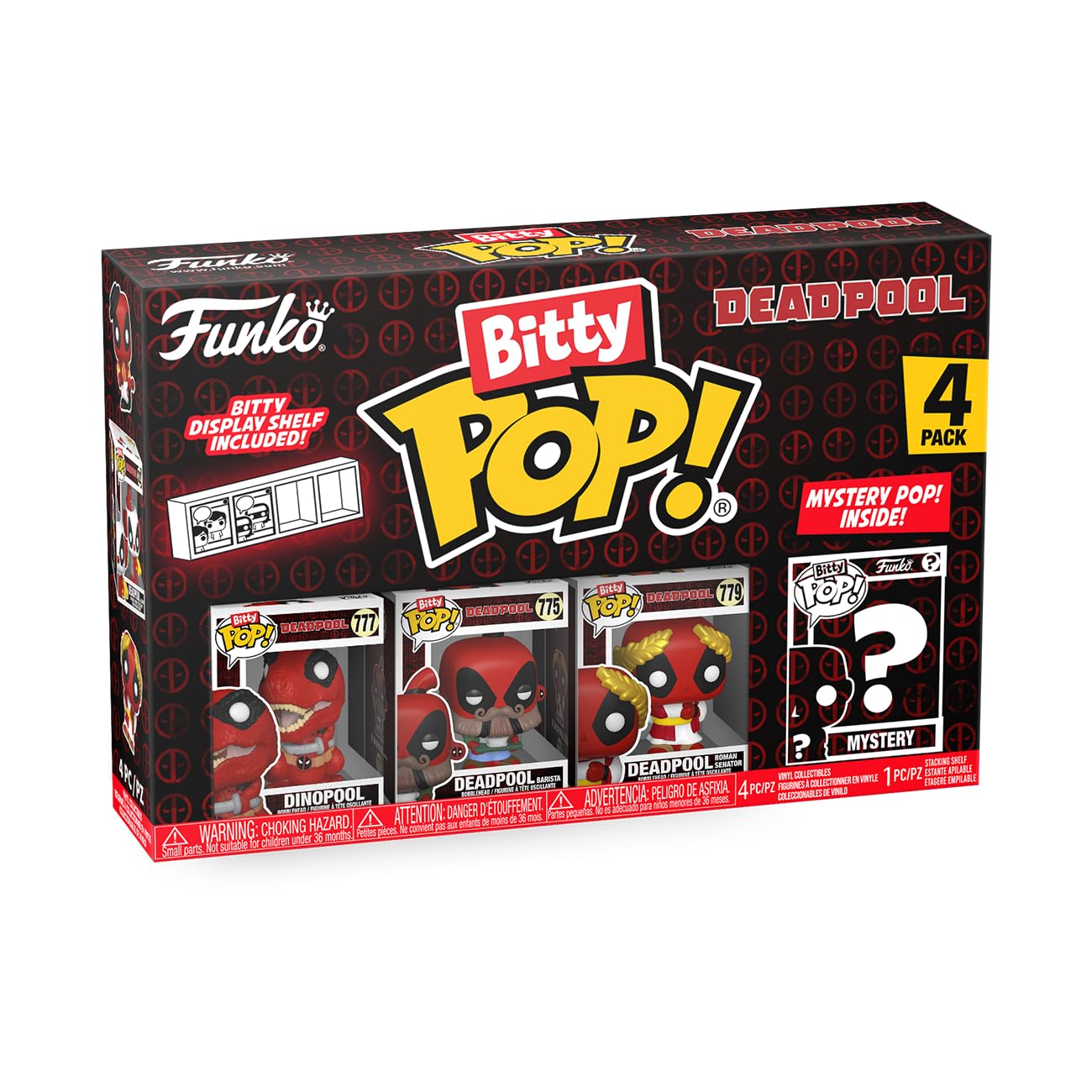 Funko Bitty POP! 4 Pack: Marvel - Deadpool - Dinopool. Barista, Roman Senator, Mystery Mini Figure - Styles may vary - 0.9 inch (2.2 cm) Collectable - Stackable Display Shelf Included - Gift Idea