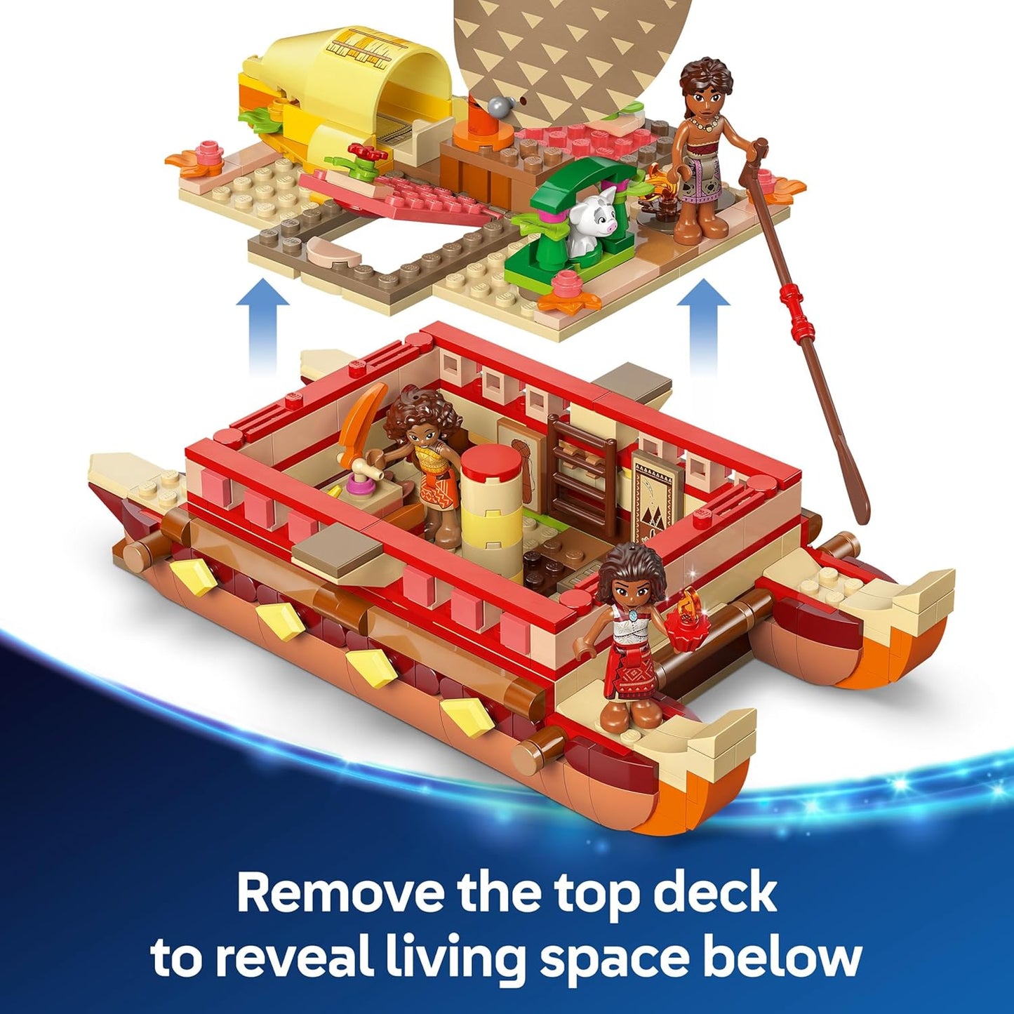 LEGO 43270 | Disney Moana 2 Moana's Adventure Canoe - Buildable Toy boat with a Textile Sail, Removable Deck, Campfire & 3 Mini Dolls incl. Loto and Moni