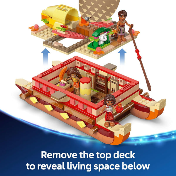 LEGO 43270 | Disney Moana 2 Moana's Adventure Canoe - Buildable Toy boat with a Textile Sail, Removable Deck, Campfire & 3 Mini Dolls incl. Loto and Moni