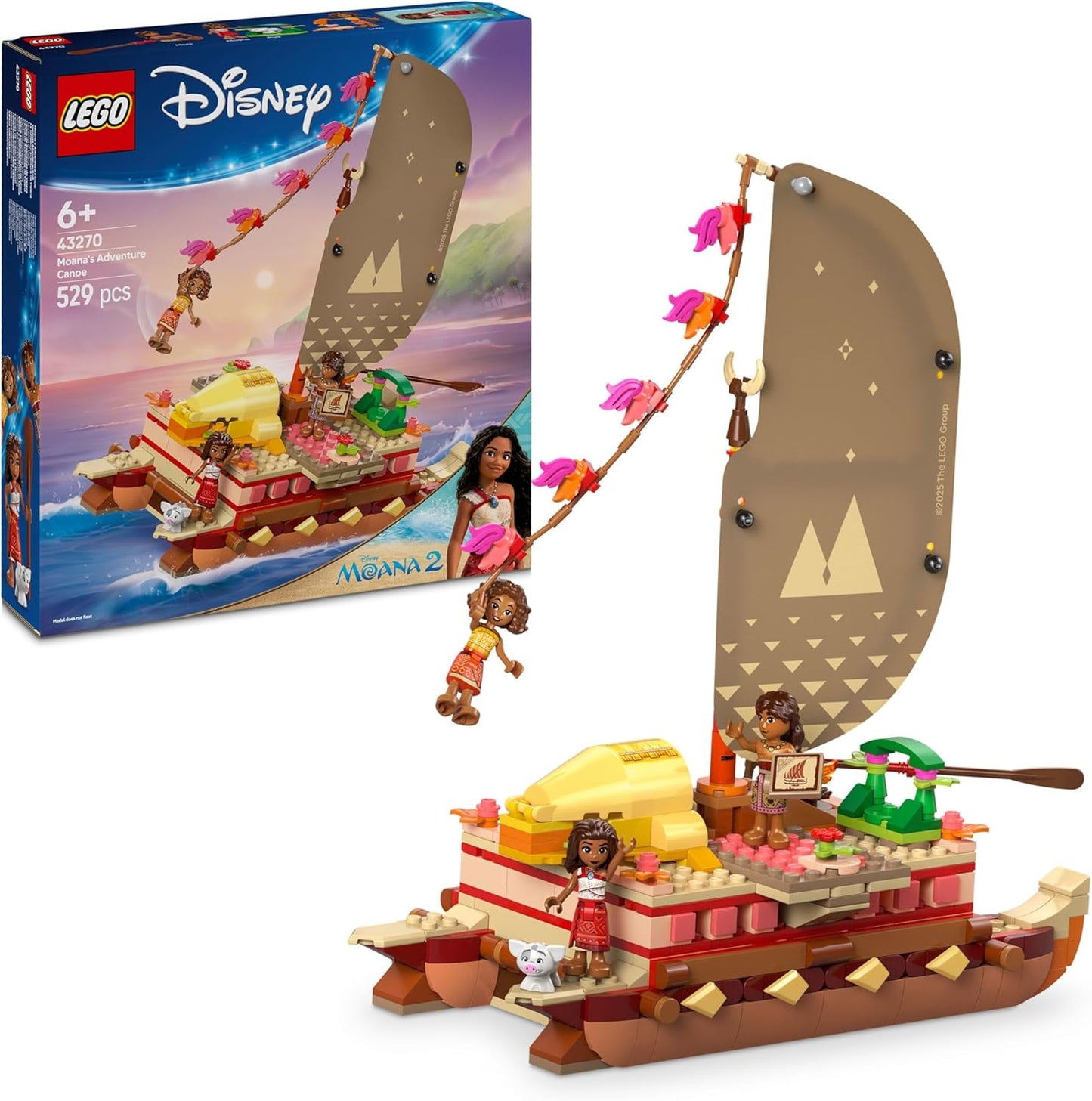 LEGO 43270 | Disney Moana 2 Moana's Adventure Canoe - Buildable Toy boat with a Textile Sail, Removable Deck, Campfire & 3 Mini Dolls incl. Loto and Moni