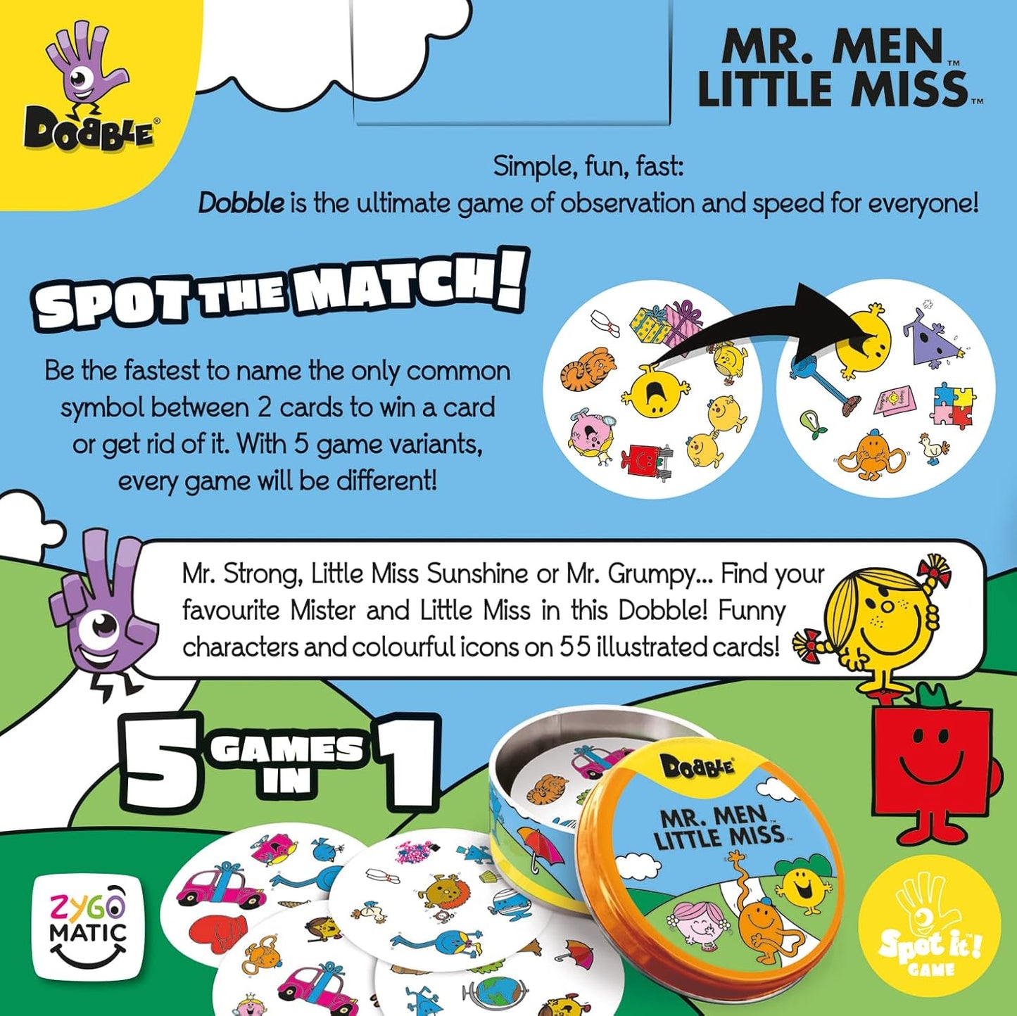 Asmodee | Dobble Mr Men and Little Miss | Card Game | Ages 4+ | 2-8 Players | 15 Minutes Playing Time