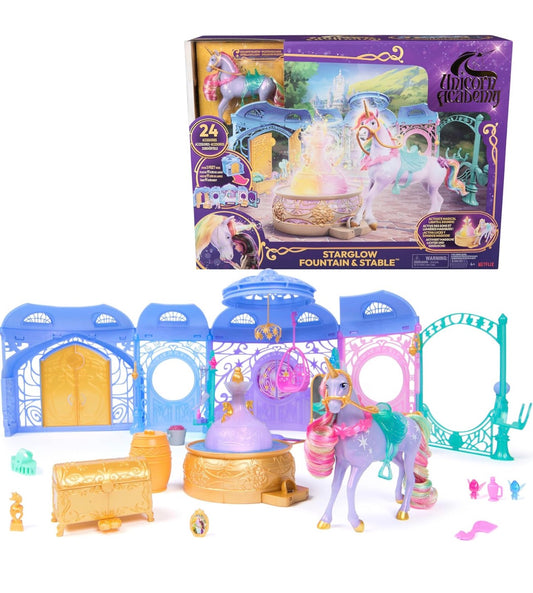 Unicorn Academy, Starglow Fountain & Stable Playset with Wildstar, Lights and Sounds, 24 Accessories, Dolls and Unicorn Toys for Girls Aged 4 and up