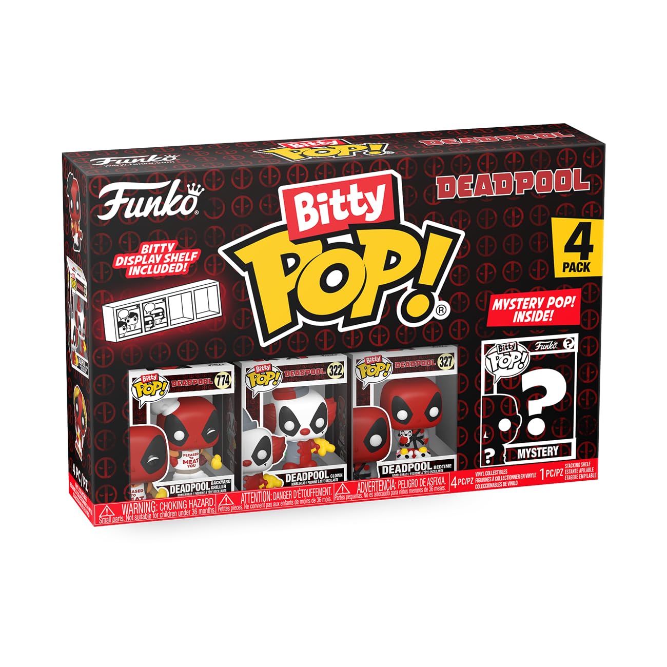 Funko Bitty POP! 4 Pack: Marvel - Deadpool - BBQ Master - Griller, Clown, Bedtime, Mystery Mini Figure - Styles may vary - 0.9 inch (2.2 cm) Collectable - Stackable Display Shelf Included - Gift Idea