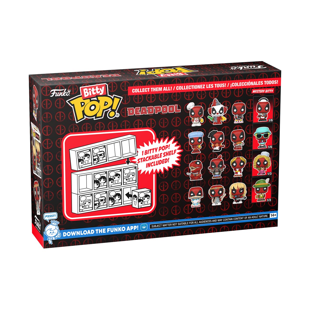 Funko Bitty POP! 4 Pack: Marvel - Deadpool - BBQ Master - Griller, Clown, Bedtime, Mystery Mini Figure - Styles may vary - 0.9 inch (2.2 cm) Collectable - Stackable Display Shelf Included - Gift Idea
