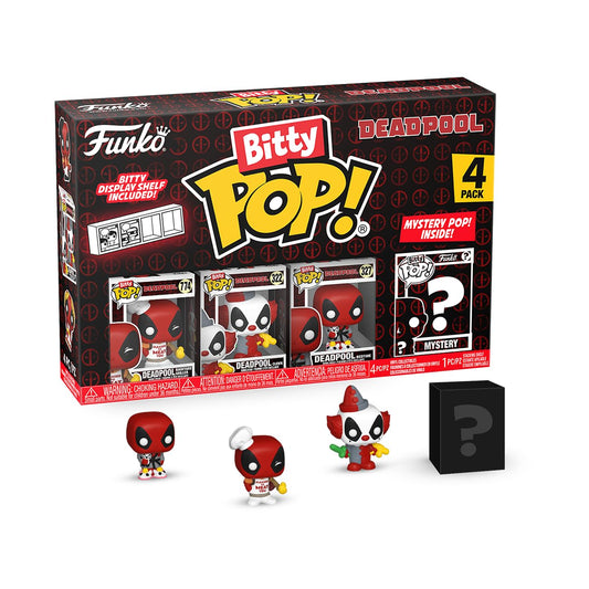 Funko Bitty POP! 4 Pack: Marvel - Deadpool - BBQ Master - Griller, Clown, Bedtime, Mystery Mini Figure - Styles may vary - 0.9 inch (2.2 cm) Collectable - Stackable Display Shelf Included - Gift Idea
